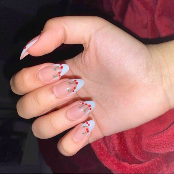 Whimsy Kawaii Cottagecore 24 Piece Cherry French Tip Almond Shape Nails - Picture 9 of 11